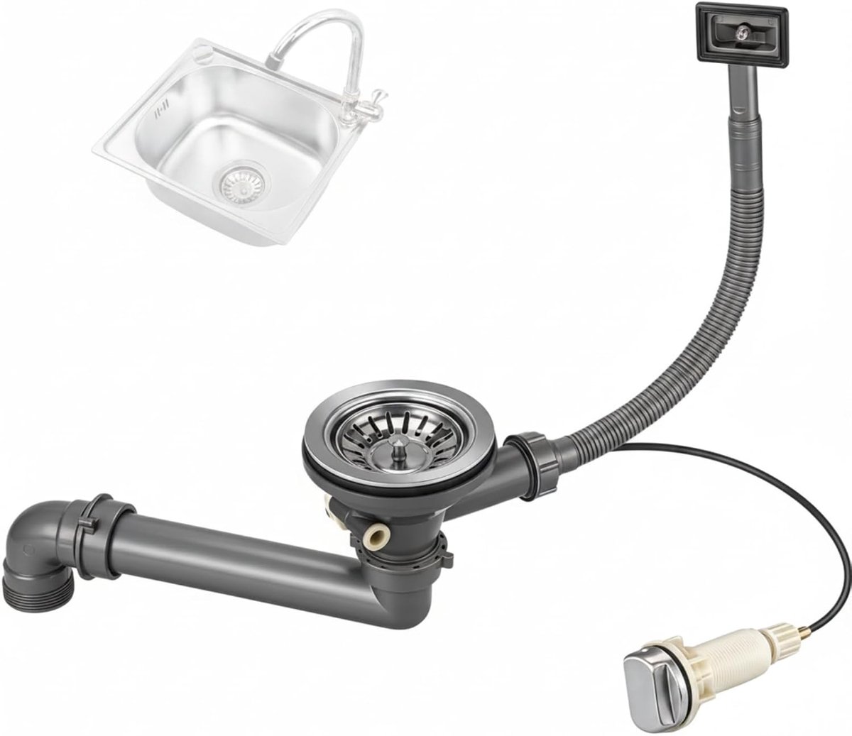 Enhon Keenberk Afvoer voor Keukengootsteen met Korfventiel 3 1/2" Ø 114mm, Excenter Bediening met Bowdenkabel - ShopVlot