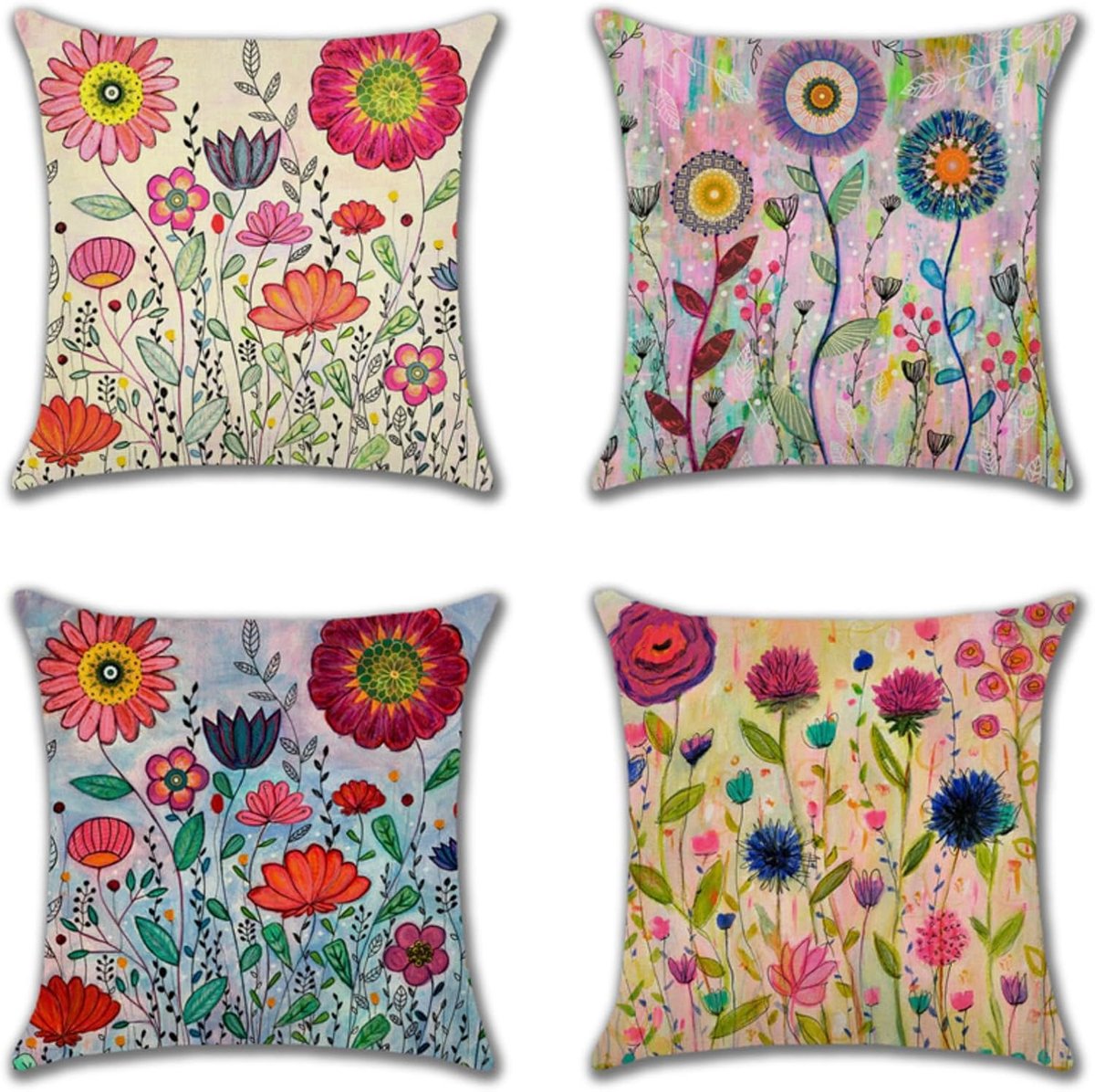 Kussenslopen 45 x 45 cm, set van 4 kussenslopen met botanische bloemen en bladeren, olieverfschilderij, linnen - ShopVlot