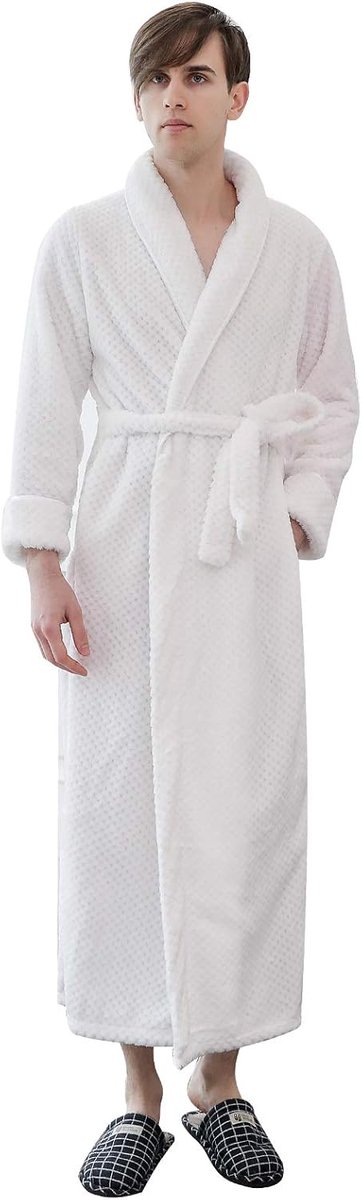 ANUFER Unisex Ladies Mens Thick Flannel Dressing Gown Scarf Collar Warm Long Winter Bathrobe, white colour, XL - ShopVlot