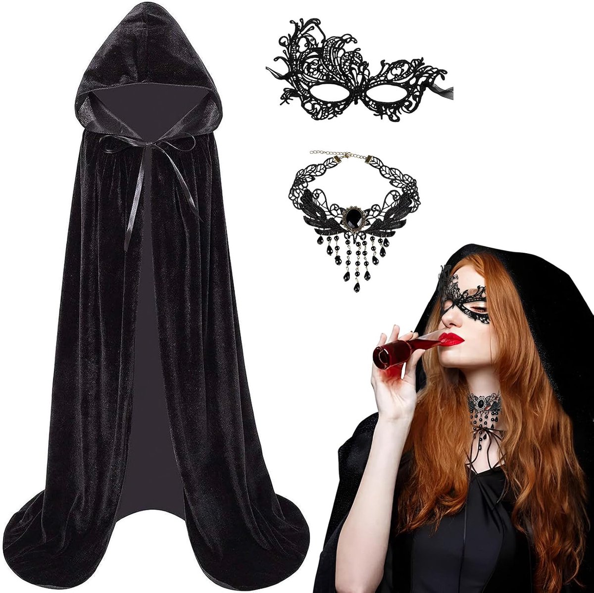 Halloween Cloak Women with Mask & Necklace,3pcs Velvet Black Cloak with Hood Set 140/150cm Halloween Costume Vampire - ShopVlot