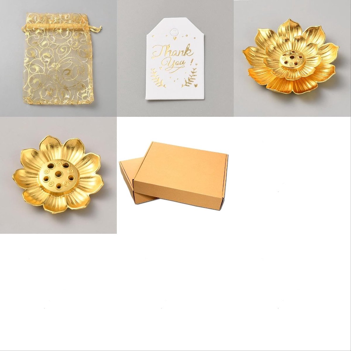 Lotus wierookstokjes, 40 sets, legering, lotusvorm, met organza zakjes en bedankkaarten, 55 x 55 x 9 mm - ShopVlot