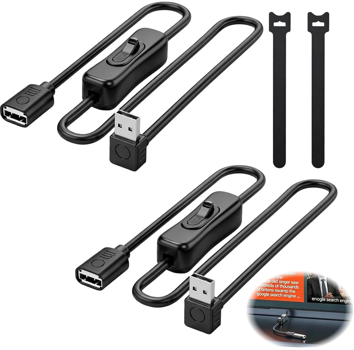 2 stuks USB 2.0 verlengkabel met hoekschakelaar, stekker naar bus, 3 m, USB-kabel met flexibele schakelaar voor - ShopVlot
