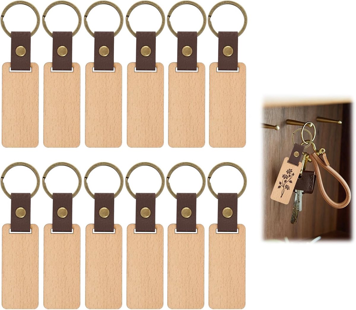 12 stuks onbehandelde natuurlijke houten sleutelhangers met lederen band voor doe-het-zelf sleutel en kunstlederen - ShopVlot