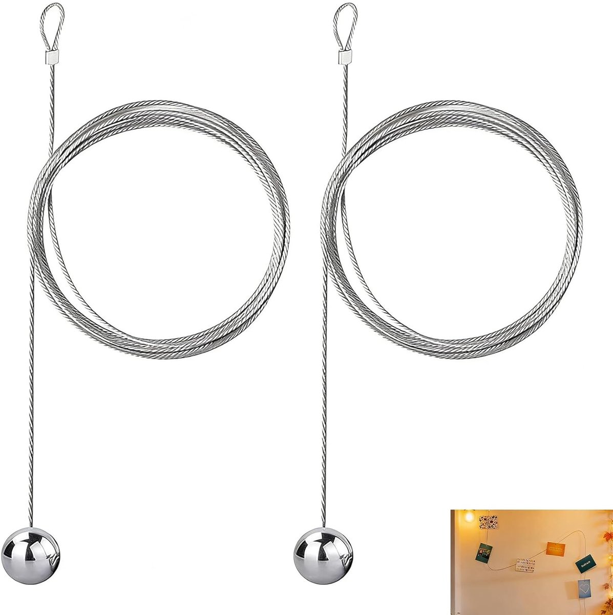 Pack of 2 Photo Cable, Photo Holder, Metal Wire, Galvanized Cable for Hanging Photos, Postcards, Drawings, Memo - ShopVlot