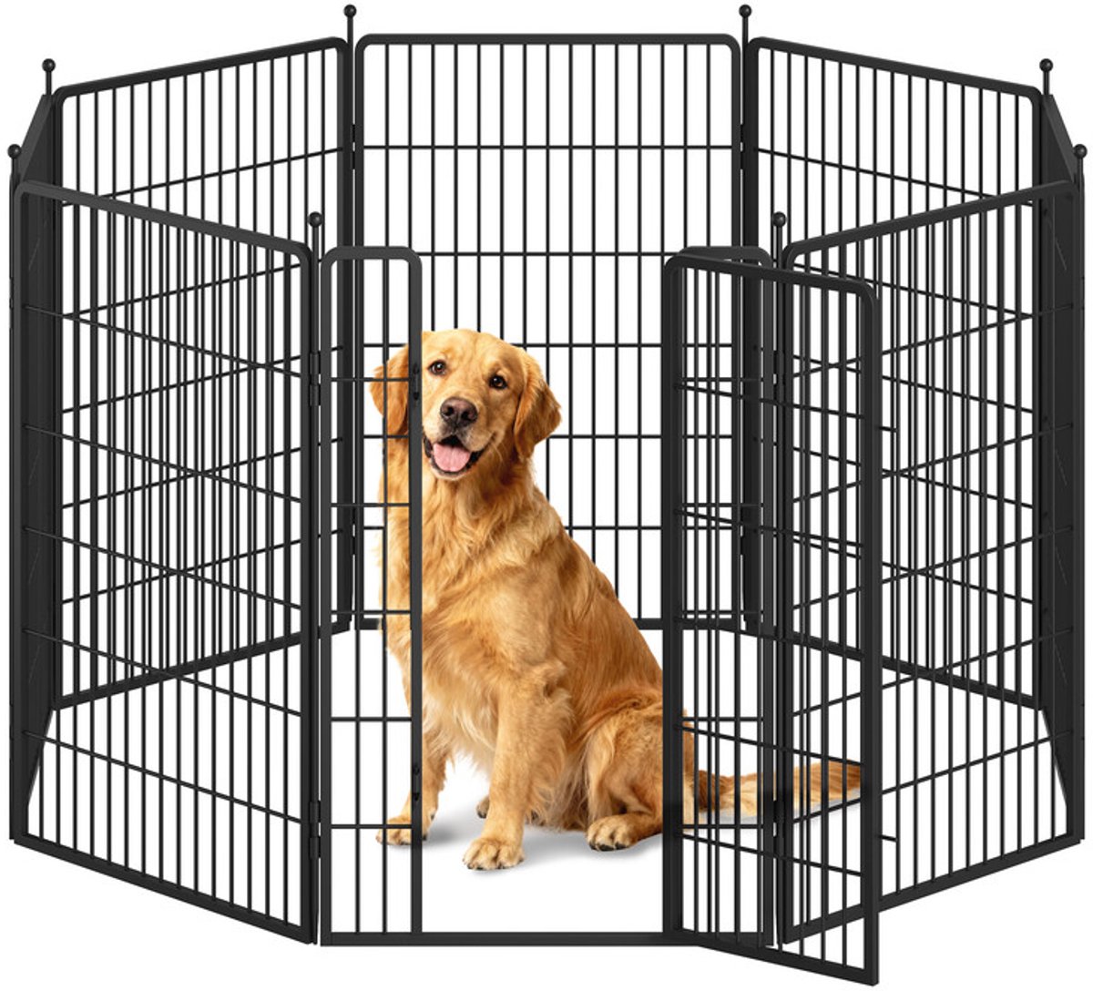 Hzuaneri Puppyren Metalen Hondenbox, 100 cm Hoog, 8 Panelen, Zwart,Draagbare Afneembare Box, Geschikt voor Binnen en Buiten, Twee Deursloten