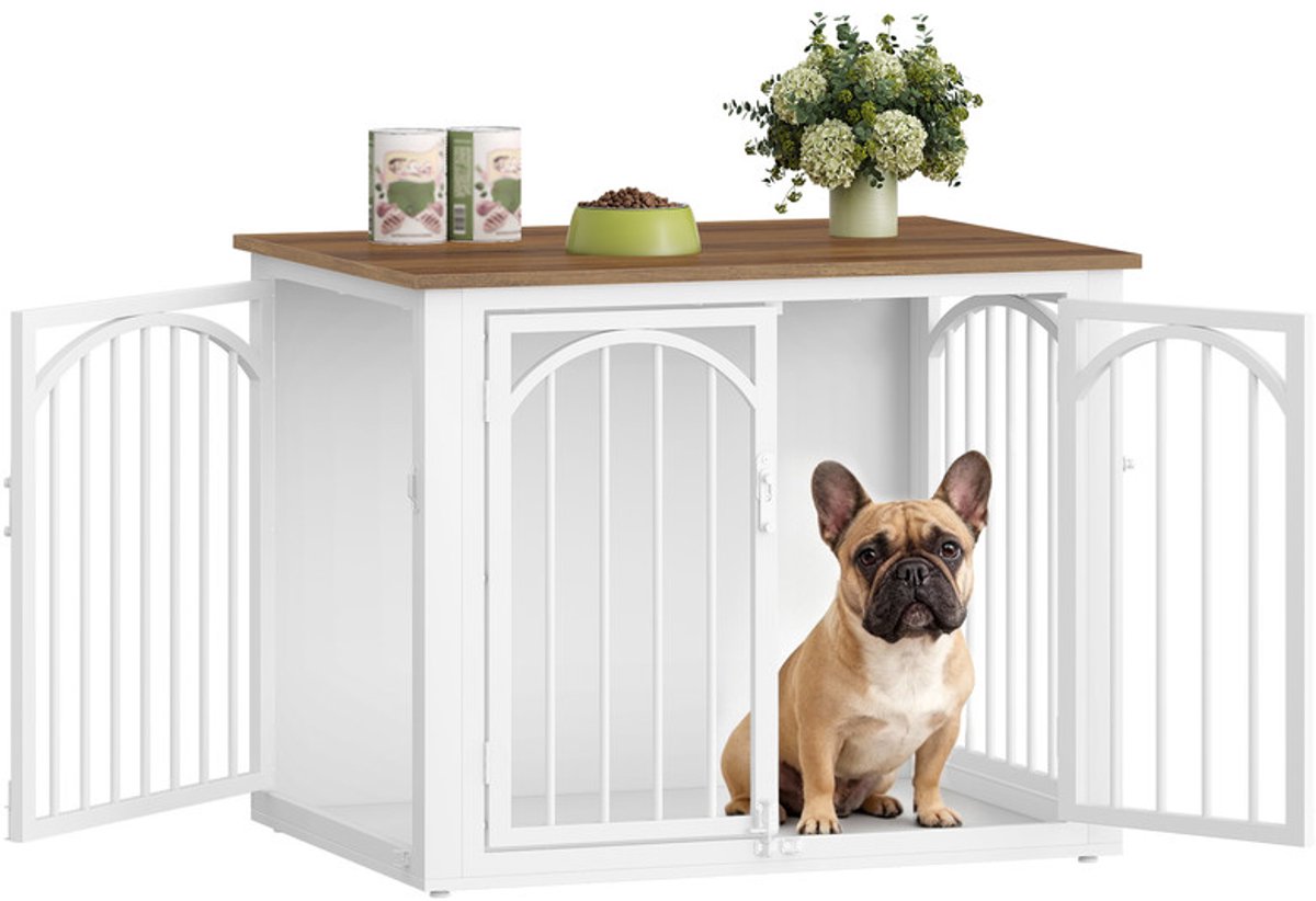 Hzuaneri Hondenbench Meubel, 80 x 60 x 63 cm, Bruin en Wit, 4 Deuren, Eindtafel Dierenbenches, Hondenhok Voor Binnen