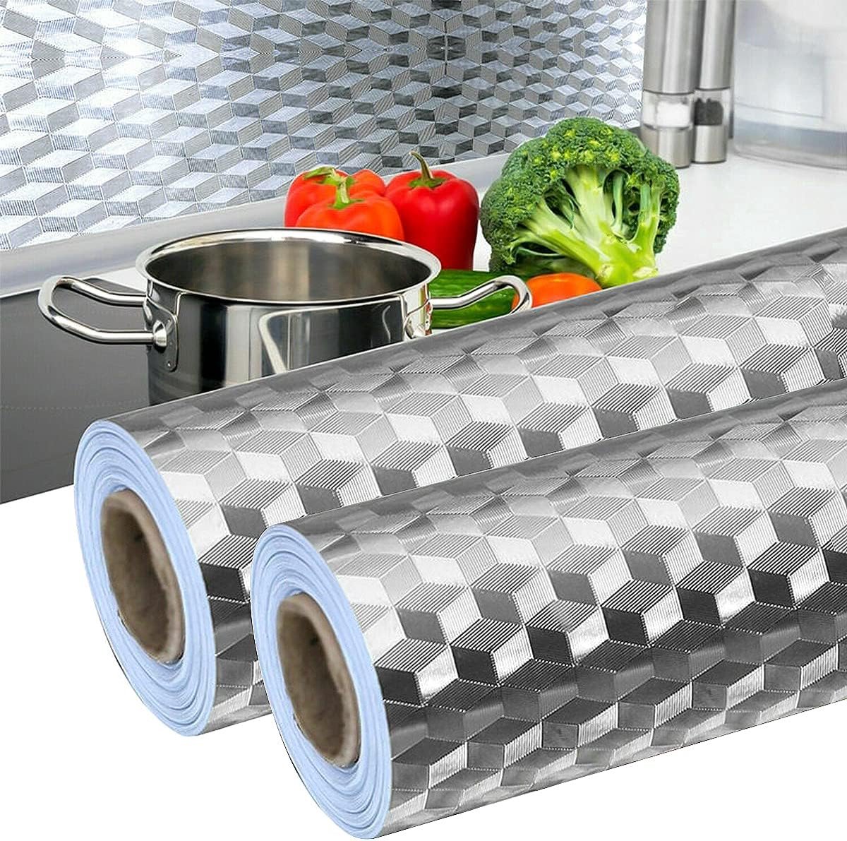 Pack of 2 Aluminium Foil Kitchen Wallpaper, 40 cm x 5 m, Self-Adhesive Waterproof Wallpaper, Kitchen Stove, Stickers - ShopVlot