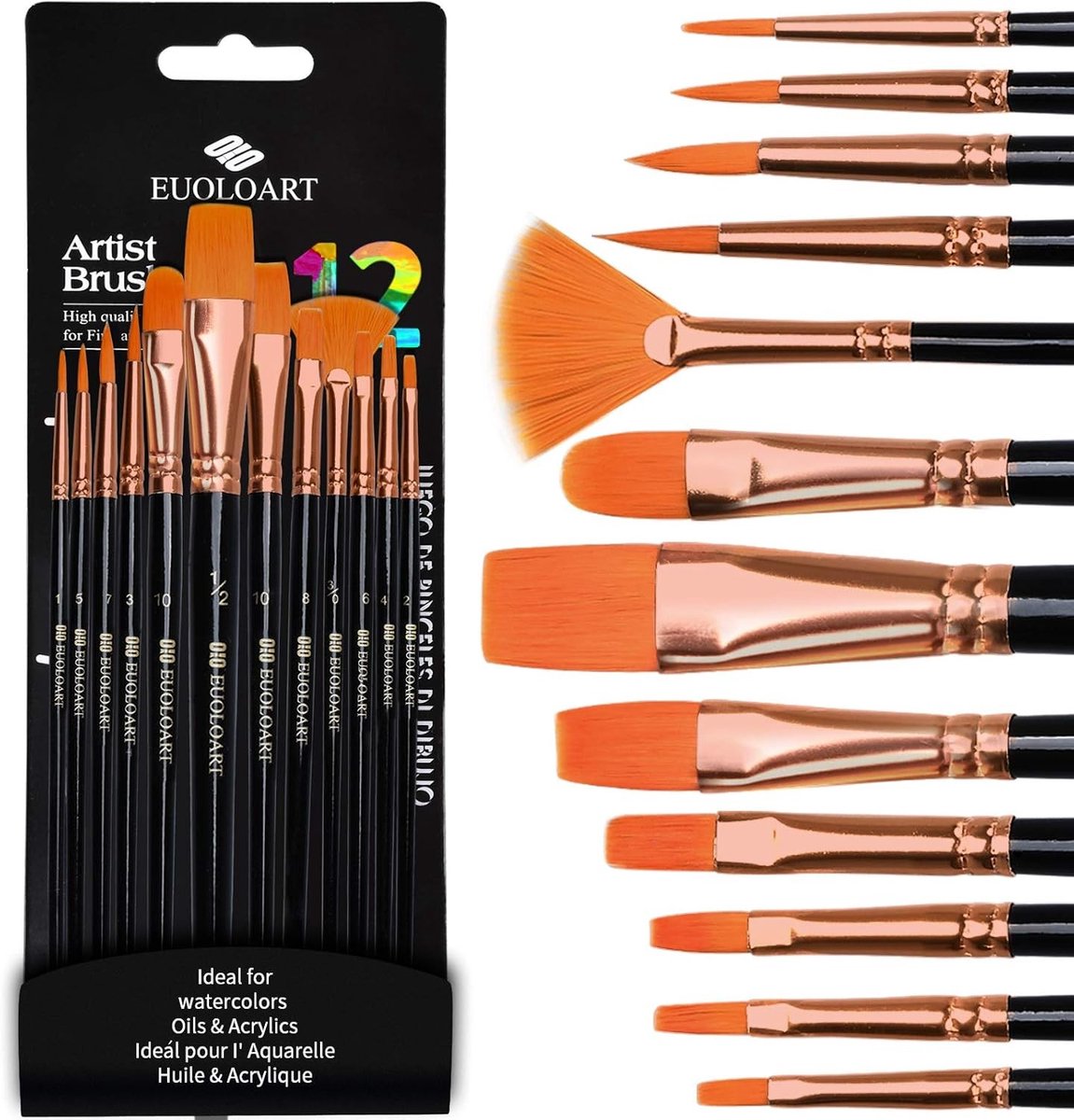 Verfkwastenset voor Professionele Kunstenaars - 12 Stuks - Nylon Borstelharen - Voor Beginners en Professionals