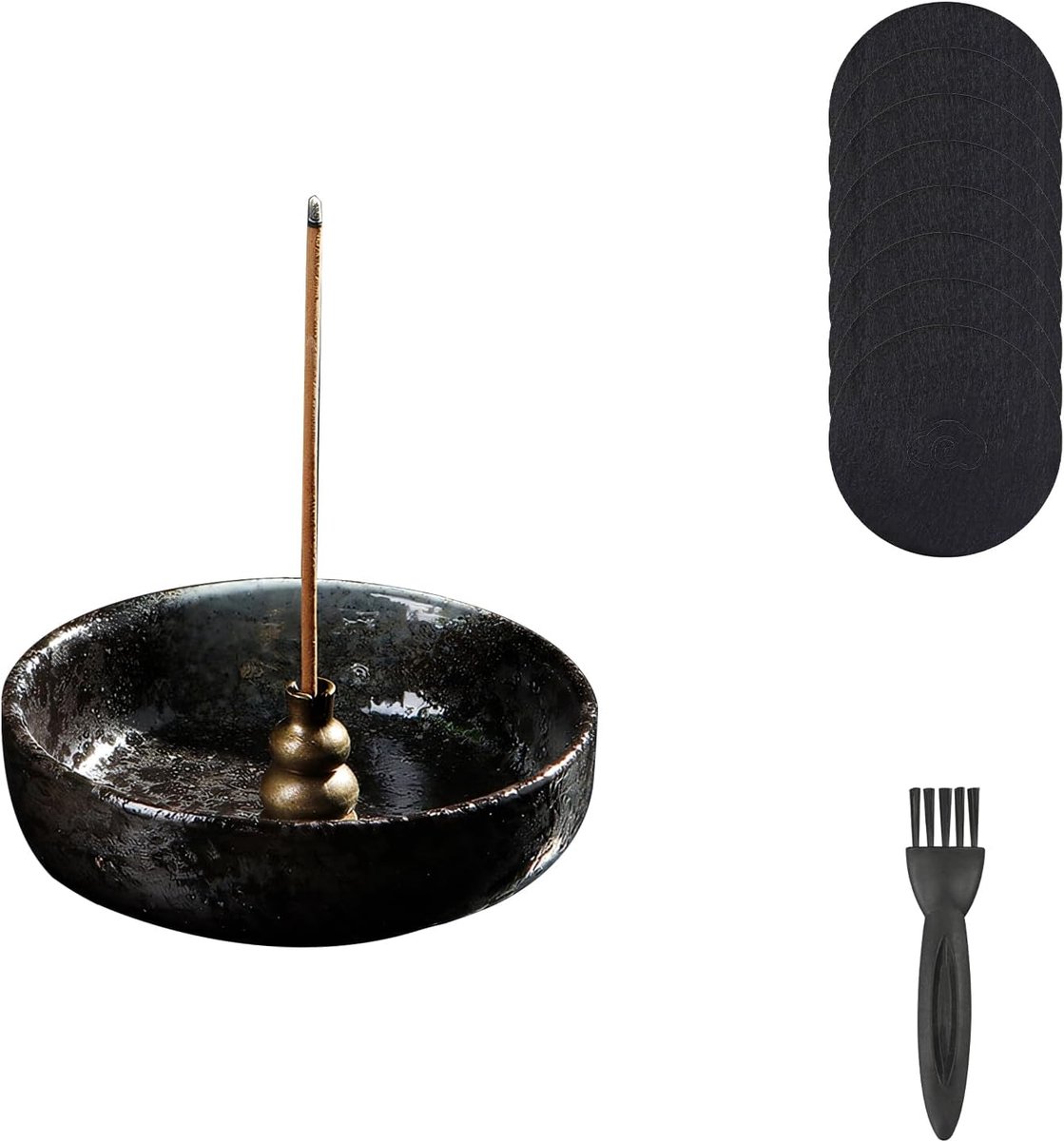 Ceramic Incense Holder/Incense Burner, Handmade Incense Bowl Diameter 9 cm with Brass Bar Holder, Includes Cleaning - ShopVlot