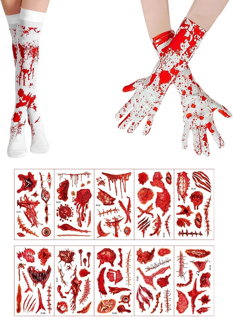 12 stuks Halloween kostuum dames eng, bloed, horror - Halloween kostuum dames griezelig, bloedige witte handschoen en - ShopVlot