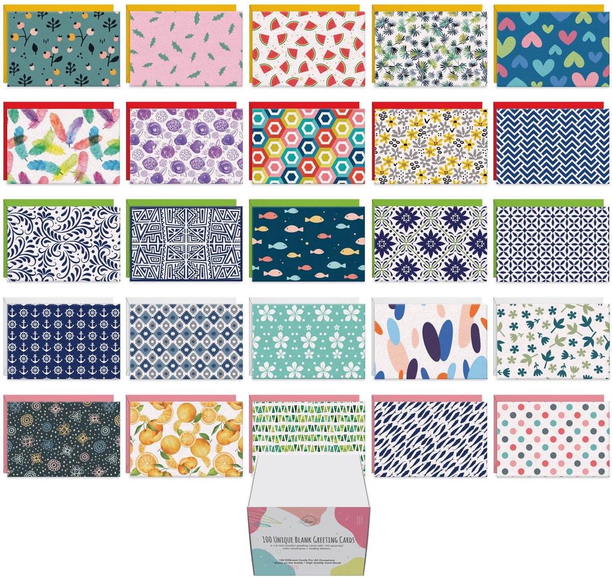 SnelShoppen - Unieke Blanco Wenskaarten Set met Gekleurde Enveloppen en Gouden Zegels - 100 Stuks 4x6 Inch voor Feestdagen, Verjaardagen, Bedankjes en