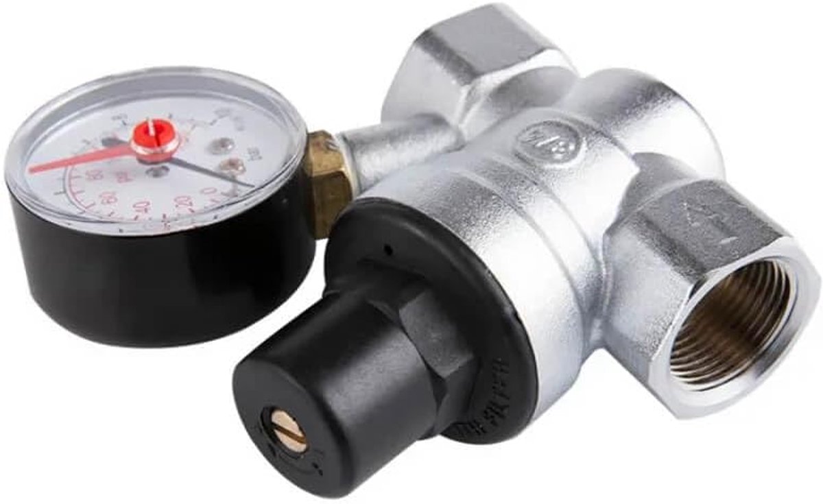 Waterdrukregelaar met manometer, verchroomd messing, voor waterfilter en gaskachels (DN15) - ShopVlot