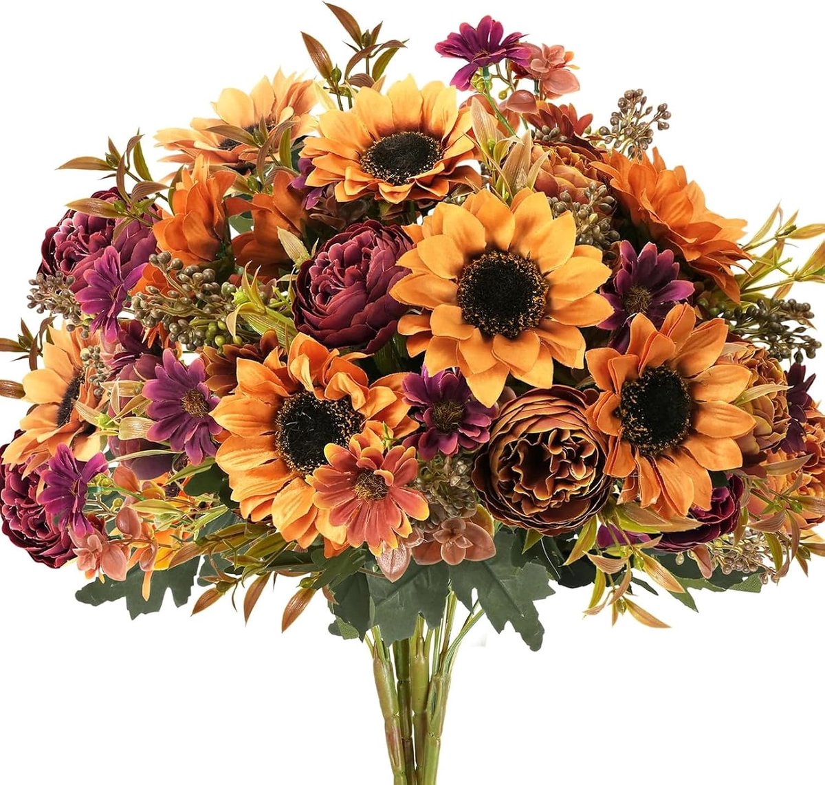 Fairblo Pack of 4 Sunflower Peony Daisy Artificial Flowers Autumn Artificial Flowers Yellow Orange for Home, Office - ShopVlot