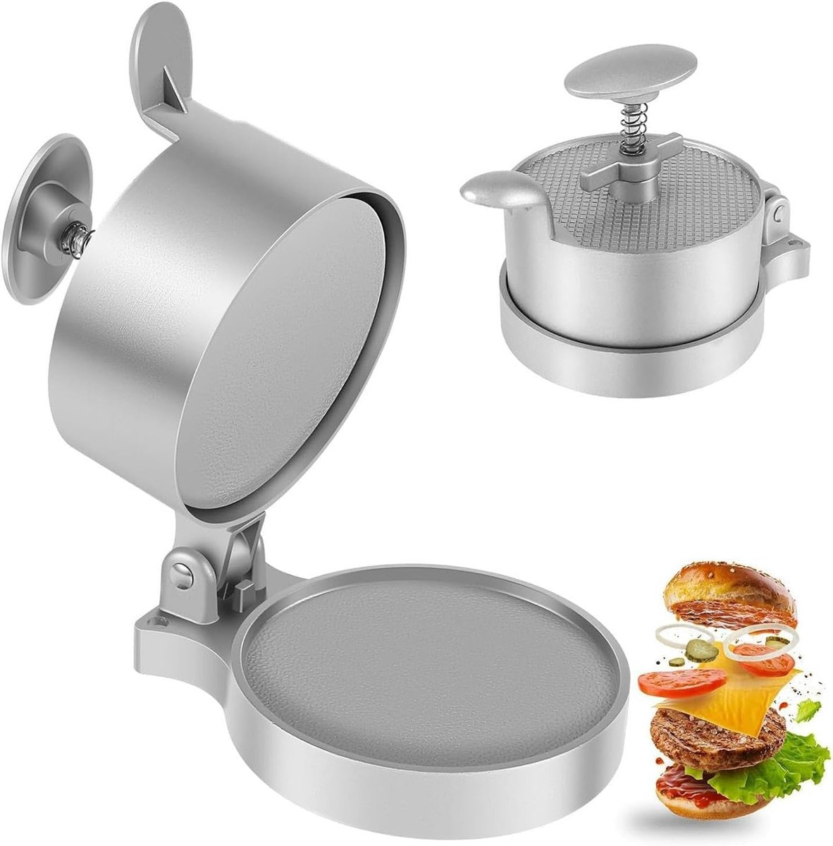In hoogte verstelbare hamburgerpers van gegoten aluminium met antiaanbaklaag voor het maken van perfect gevormde - ShopVlot