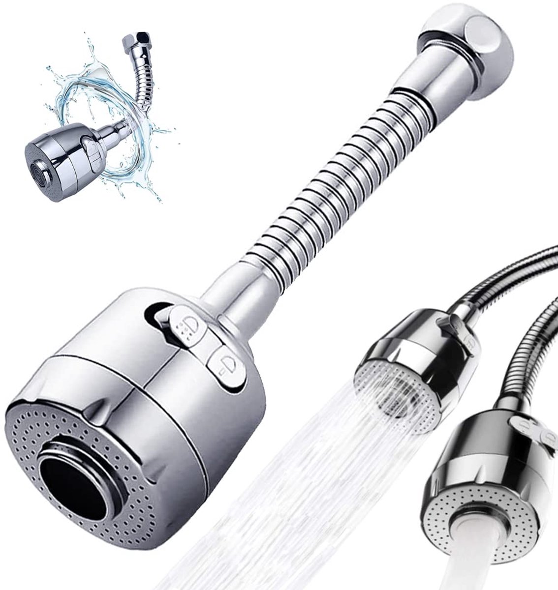 Keukenkraan Verlengstuk 17 cm - 360° Draaibare Kraanbeluchter met Sproeikop - Waterbesparende Kraan Extensie met Schuim- en Regenstand - Flexibele Kraanadapter voor Keuken, Wastafel en Badkamer