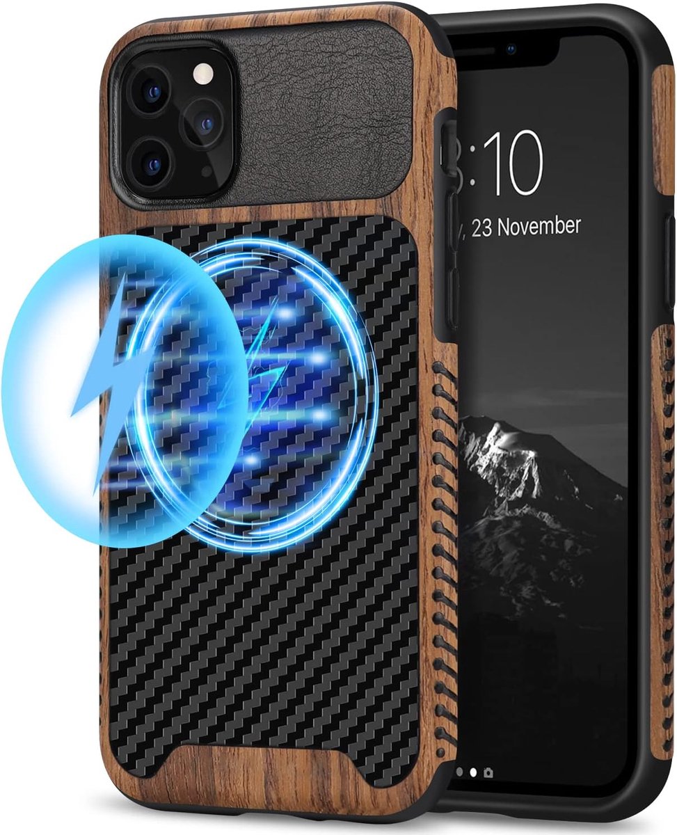 TENDLIN Magnetic Case Compatible with iPhone 11 Pro Case Wood Grain with Carbon Fiber Texture Design Leather Hybrid - ShopVlot