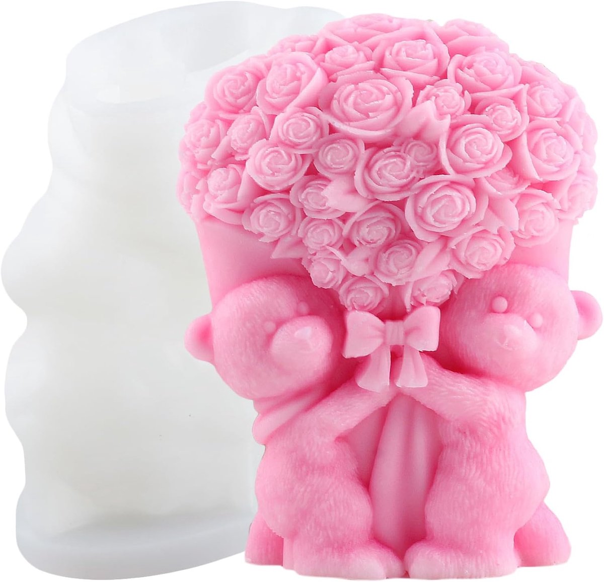XIAOSHUI Rose Bear Candle Shape Bear with Bouquet Candle Shape 3D Rose Petal Silicone Shapes for Candle Making Resin - ShopVlot