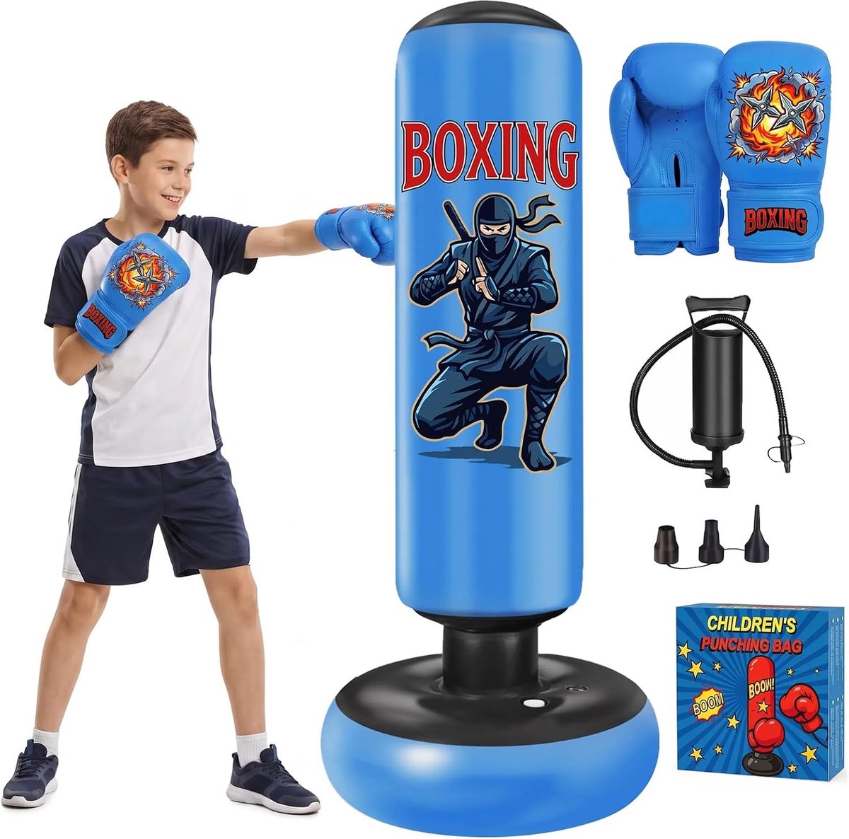 Qoosea Bokszak voor kinderen, 165 cm, opblaasbare bokszak, boxset met bokshandschoenen, boksbal voor kinderen, voor - ShopVlot