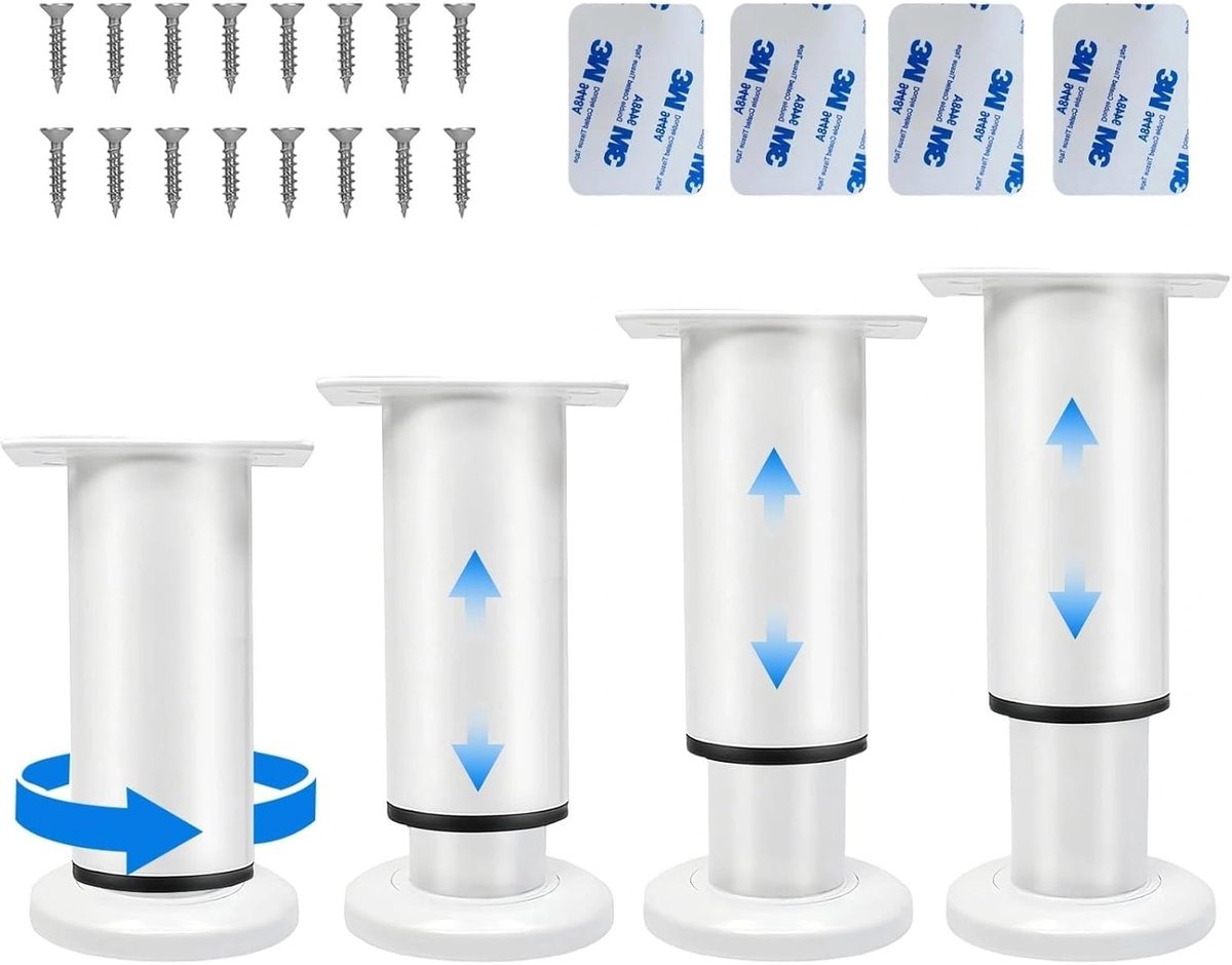 4 stuks in hoogte verstelbare meubelpoten, wit, 12-18 cm, metalen poten met 16 schroeven en 4 viltglijders, voor - ShopVlot
