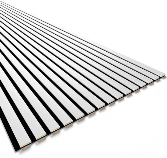 Houten panelen met witte latten op zwarte ondergrond.