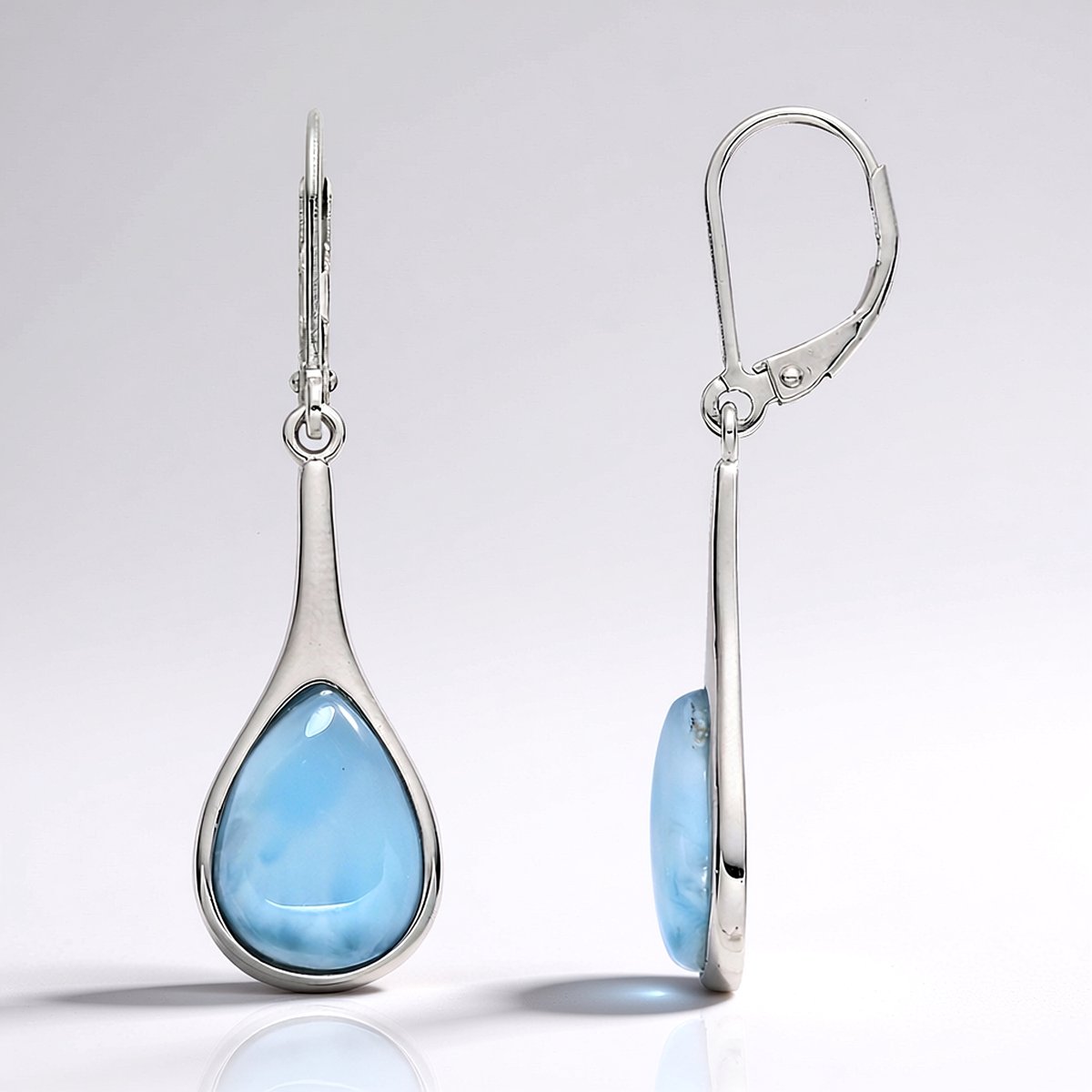 Cavill - Zilveren Oorbellen met 7 ct Larimar Peervormige Cabochon - 925 Sterling Zilver Gerhodineerd - Elegante Blauwe Edelsteen Oorbellen Dames