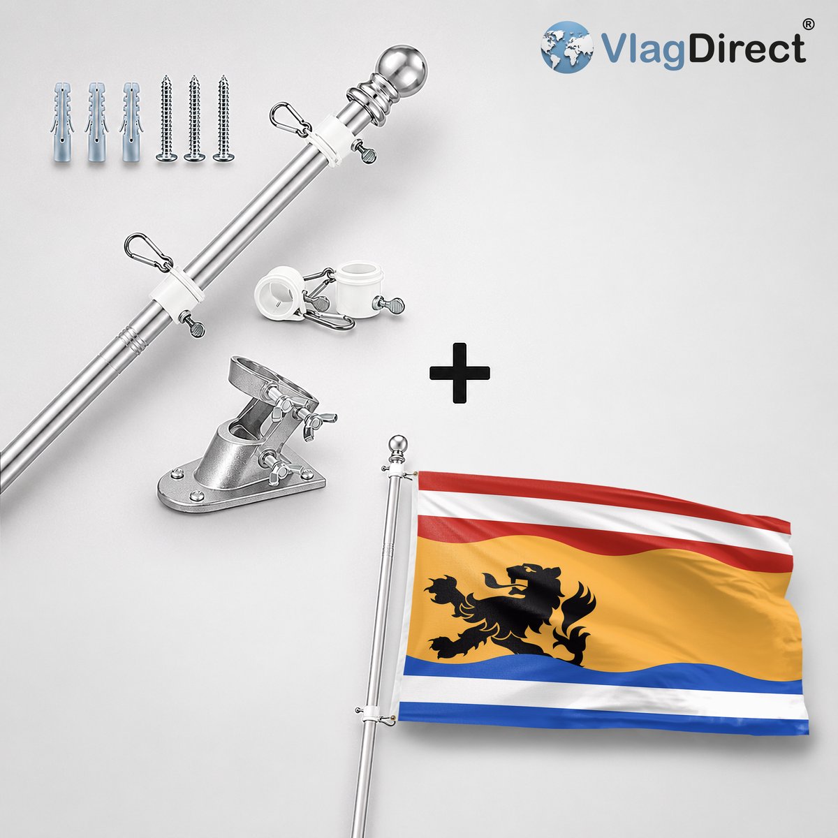 VlagDirect - Compleet vlaggenpakket - Zilveren vlaggenstok inclusief vlaggenstokhouder + Zeeuws-Vlaamse vlag - Regio Zeeuws-Vlaanderen vlag - 90 x 150 cm.