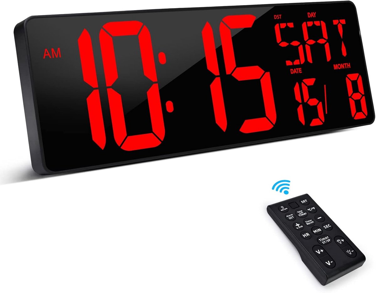 XREXS 42cm Digital Wall Clock with LED Display, Remote Control, Adjustable Brightness, Time/Date/Temperature, Timer - ShopVlot