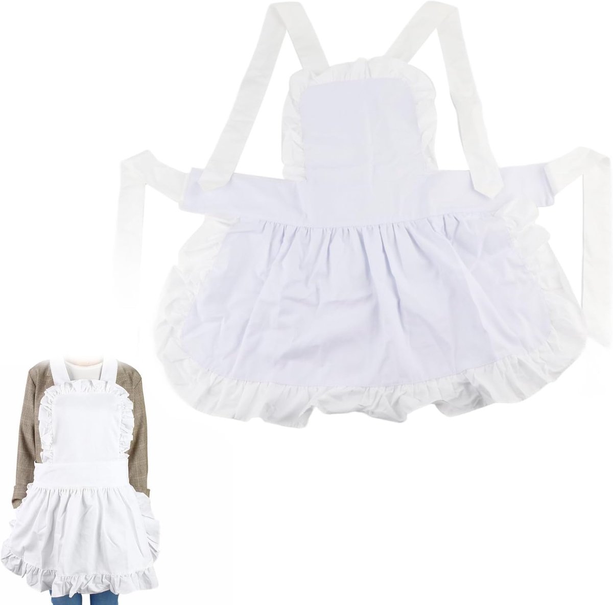 White Cotton for Women, Girl Apron with Ruffle Hem, Stylish Plain Kitchen Apron for Household Baking Cooking, #531 - ShopVlot
