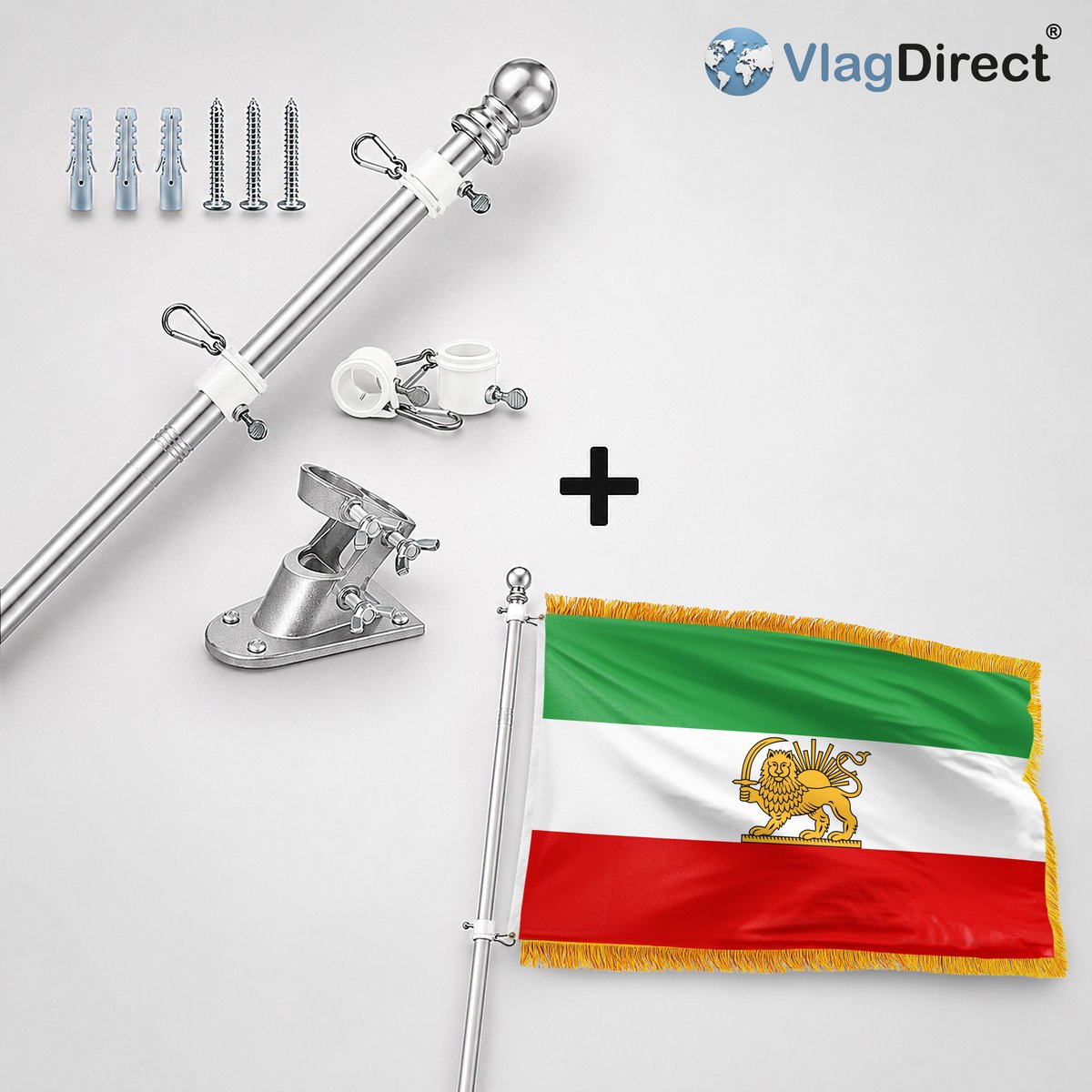 VlagDirect - Compleet vlaggenpakket - Zilveren vlaggenstok inclusief vlaggenstokhouder + Luxe Perzische vlag - Luxe Perzisch Iran vlag - 90 x 150 cm - Franjes.