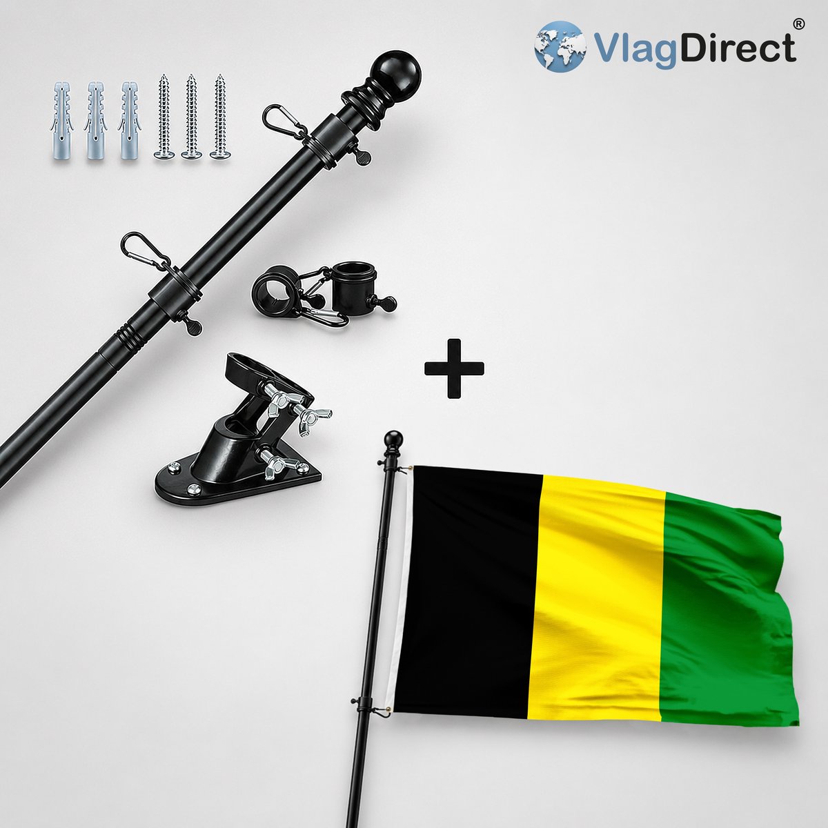 VlagDirect - Compleet vlaggenpakket - Zwarte vlaggenstok inclusief vlaggenstokhouder + Veurnse vlag - Gemeente Veurne vlag - 90 x 150 cm.