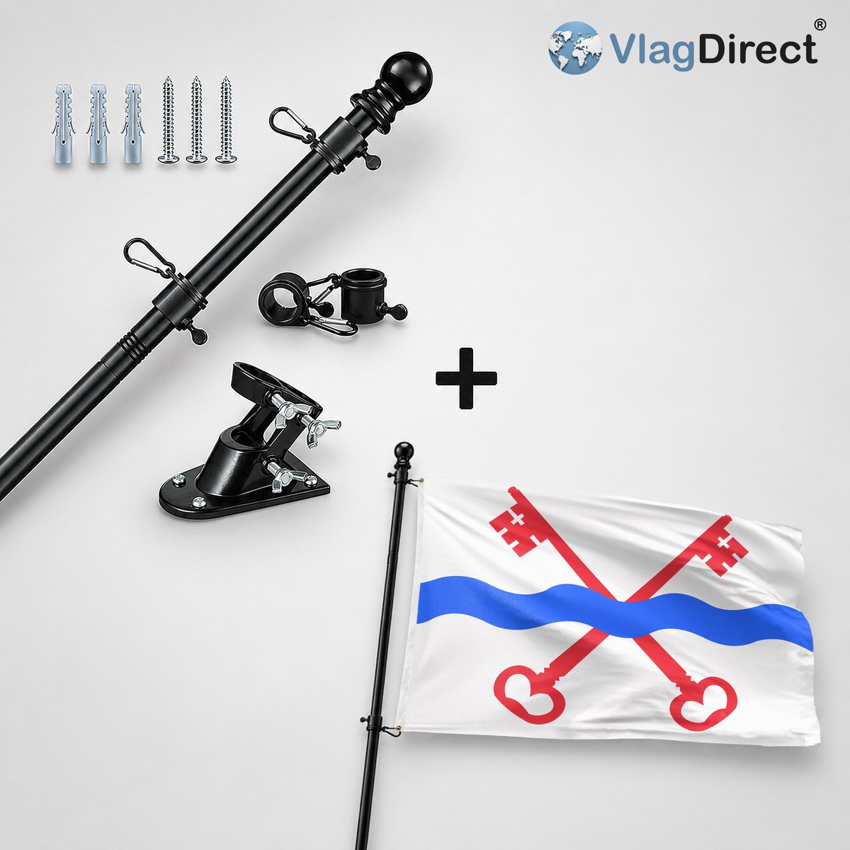 VlagDirect - Compleet vlaggenpakket - Zwarte vlaggenstok inclusief vlaggenstokhouder + Leiderdorp vlag - Gemeente Leiderdorp vlag - 90 x 150 cm.