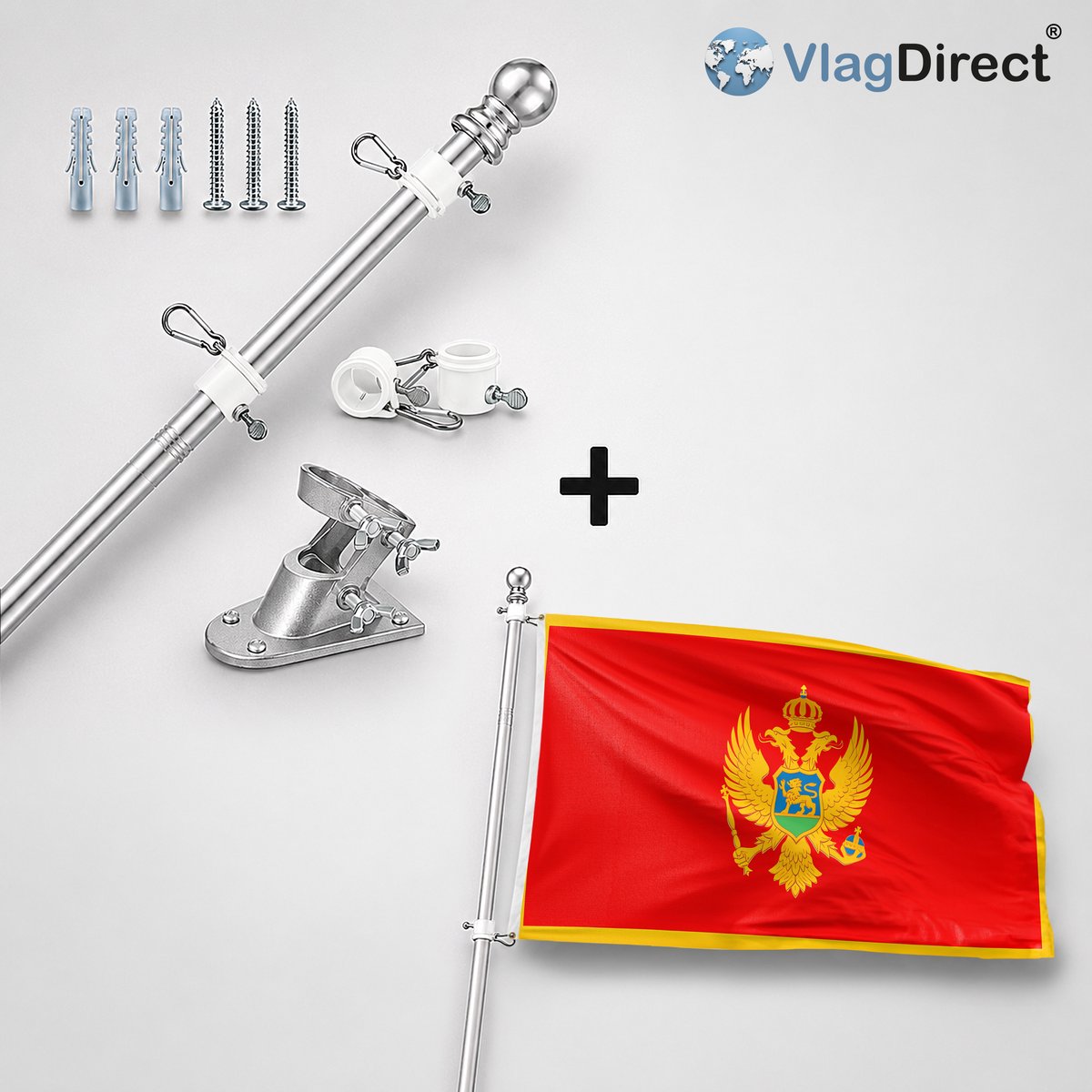 VlagDirect - Compleet vlaggenpakket - Zilveren vlaggenstok inclusief vlaggenstokhouder + Montenegrijnse vlag - Montenegro vlag - 90 x 150 cm