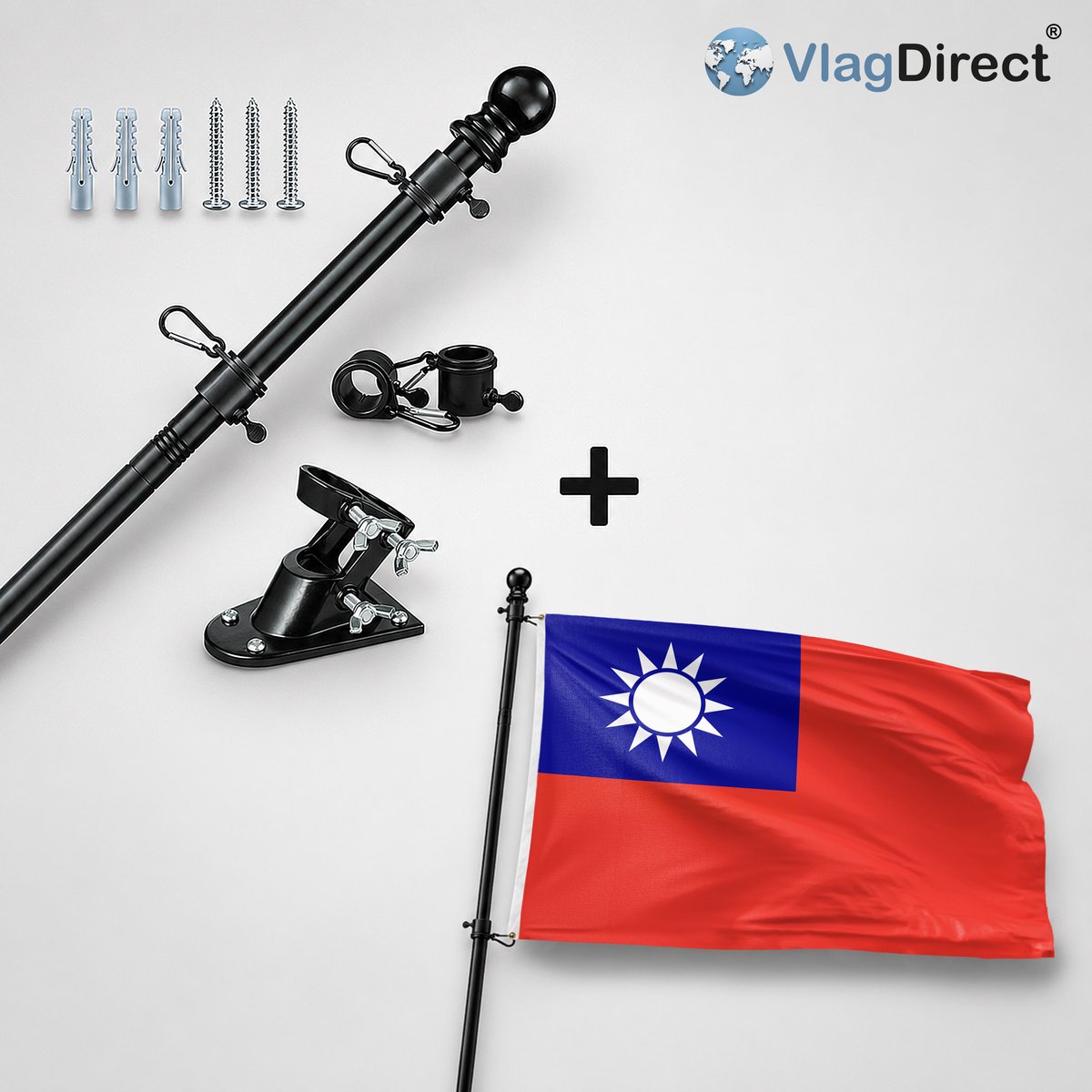 VlagDirect - Compleet vlaggenpakket - Zwarte vlaggenstok inclusief vlaggenstokhouder + Taiwanese vlag - Taiwan vlag - 90 x 150 cm.