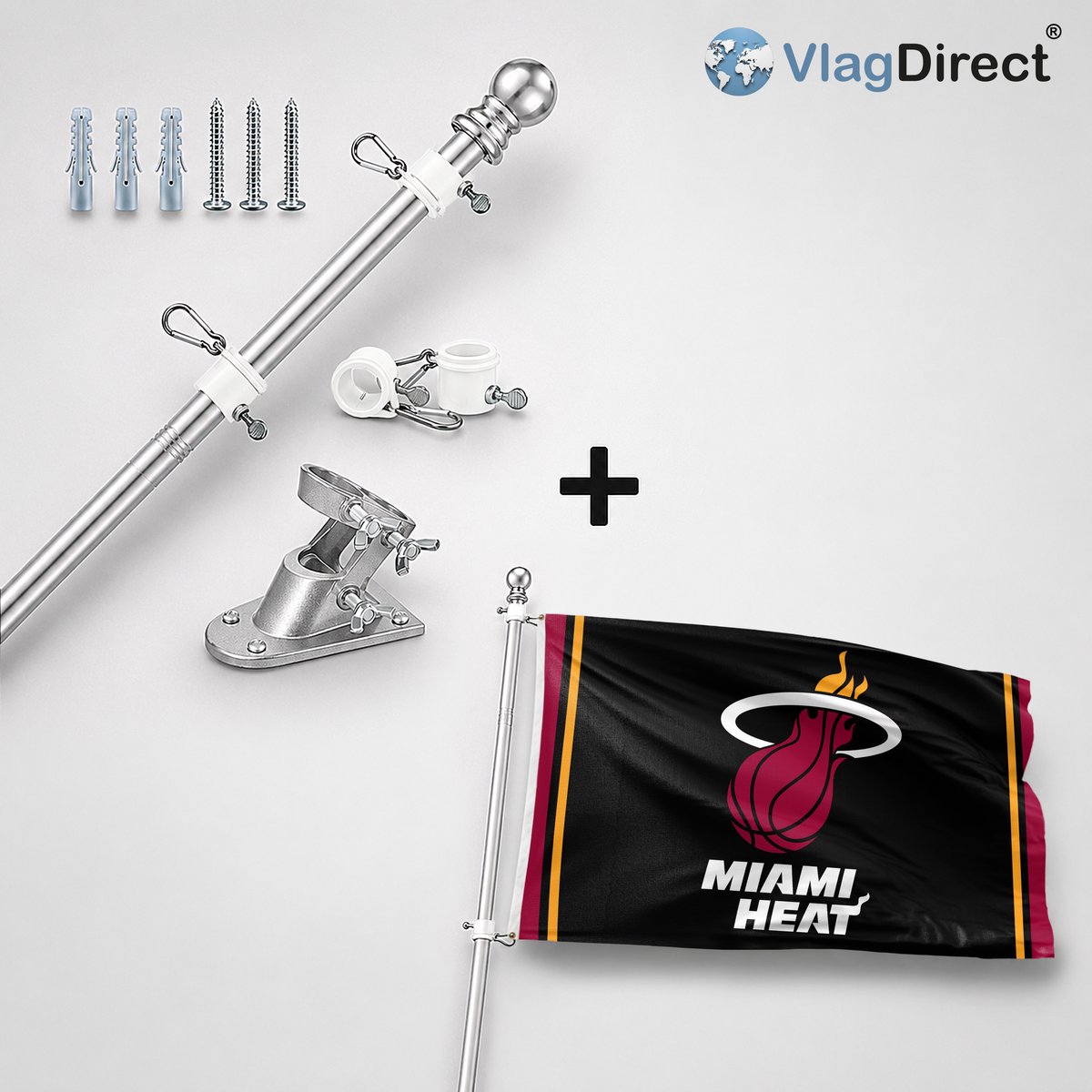 VlagDirect - Compleet vlaggenpakket - Zilveren vlaggenstok inclusief vlaggenstokhouder + Miami Heat vlag - Miami Heat basketbalteam vlag - 90 x 150 cm.