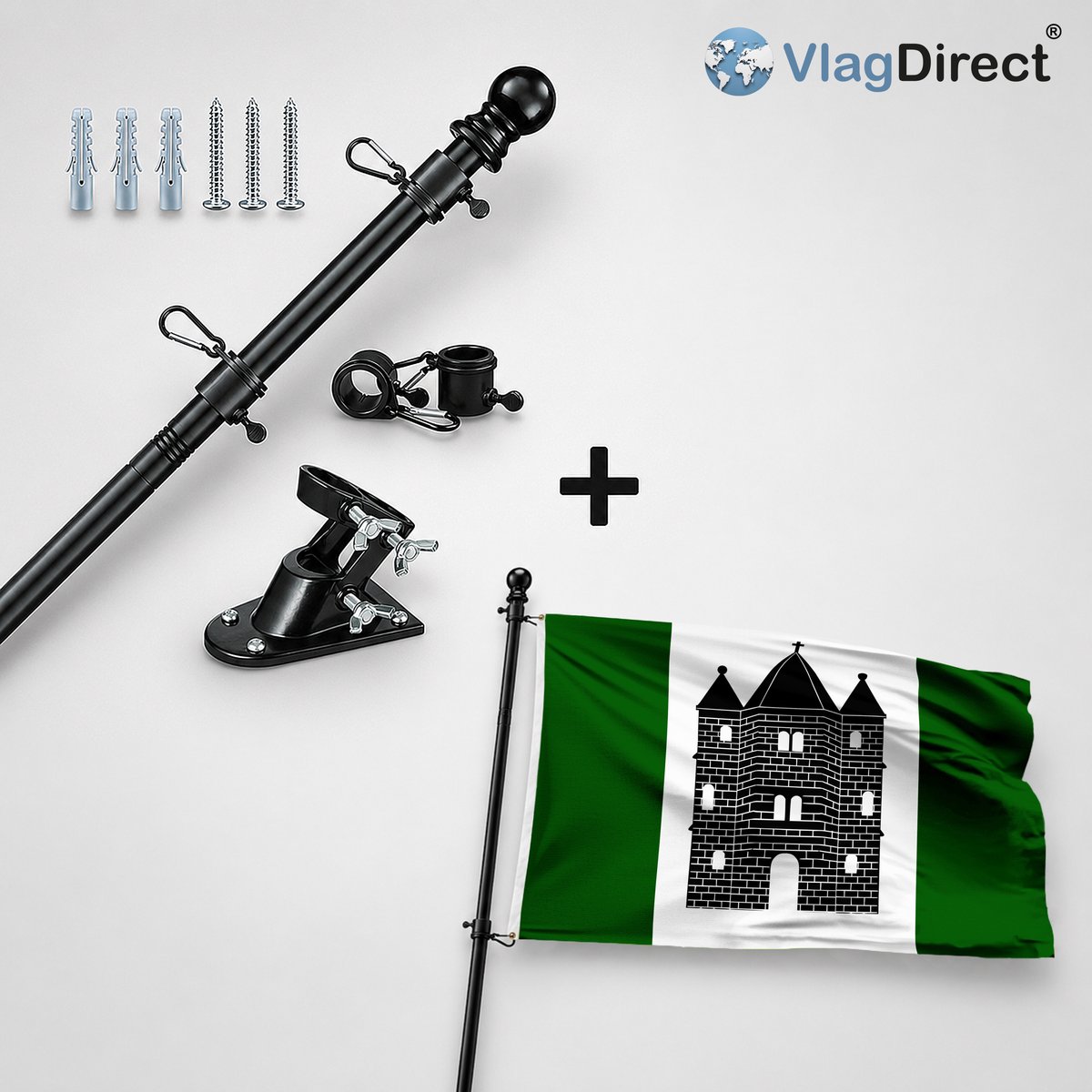 VlagDirect - Compleet vlaggenpakket - Zwarte vlaggenstok inclusief vlaggenstokhouder + Sint-Genesius-Roodse vlag - Gemeente Sint-Genesius-Rode vlag - 90 x 150 cm.