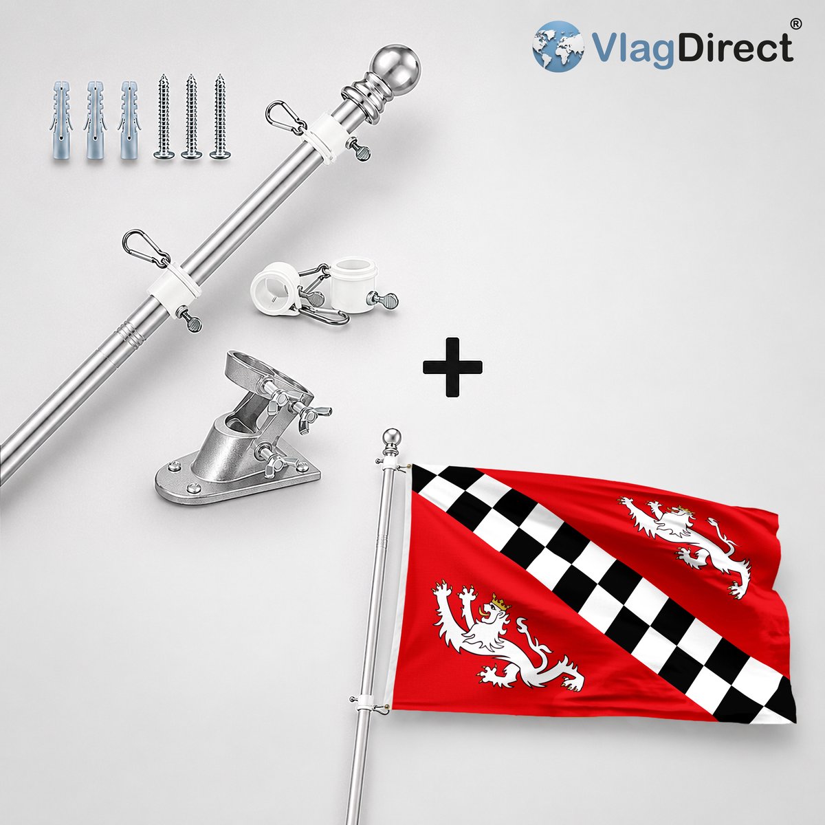 VlagDirect - Compleet vlaggenpakket - Zilveren vlaggenstok inclusief vlaggenstokhouder + Gemeente Puurs-Sint-Amands vlag - 90 x 150 cm.
