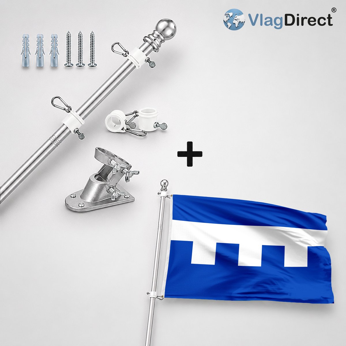 VlagDirect - Compleet vlaggenpakket - Zilveren vlaggenstok inclusief vlaggenstokhouder + Gemeente Rendeux vlag - 90 x 150 cm.