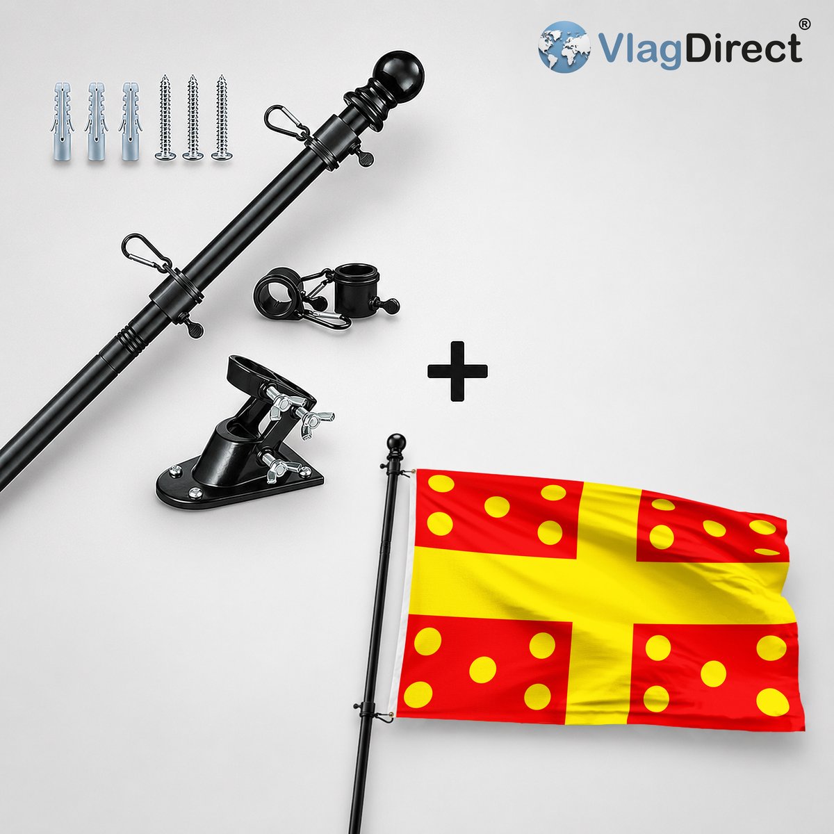 VlagDirect - Compleet vlaggenpakket - Zwarte vlaggenstok inclusief vlaggenstokhouder + Harelbeekse vlag - Gemeente Harelbeke vlag - 90 x 150 cm.