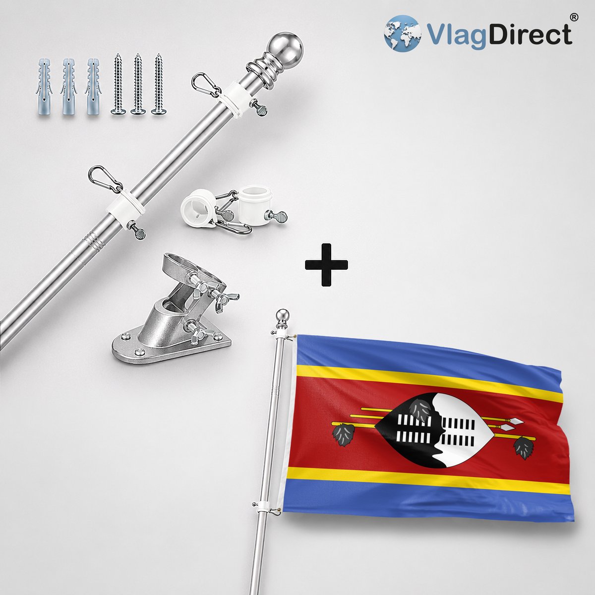 VlagDirect - Compleet vlaggenpakket - Zilveren vlaggenstok inclusief vlaggenstokhouder + Swazische vlag - Swaziland vlag - 90 x 150 cm