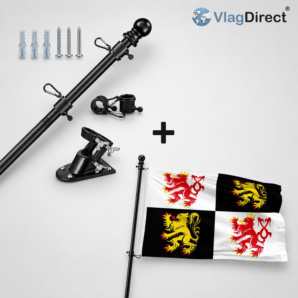 VlagDirect - Compleet vlaggenpakket - Zwarte vlaggenstok inclusief vlaggenstokhouder + Voerense vlag - Gemeente Voeren vlag - 90 x 150 cm.