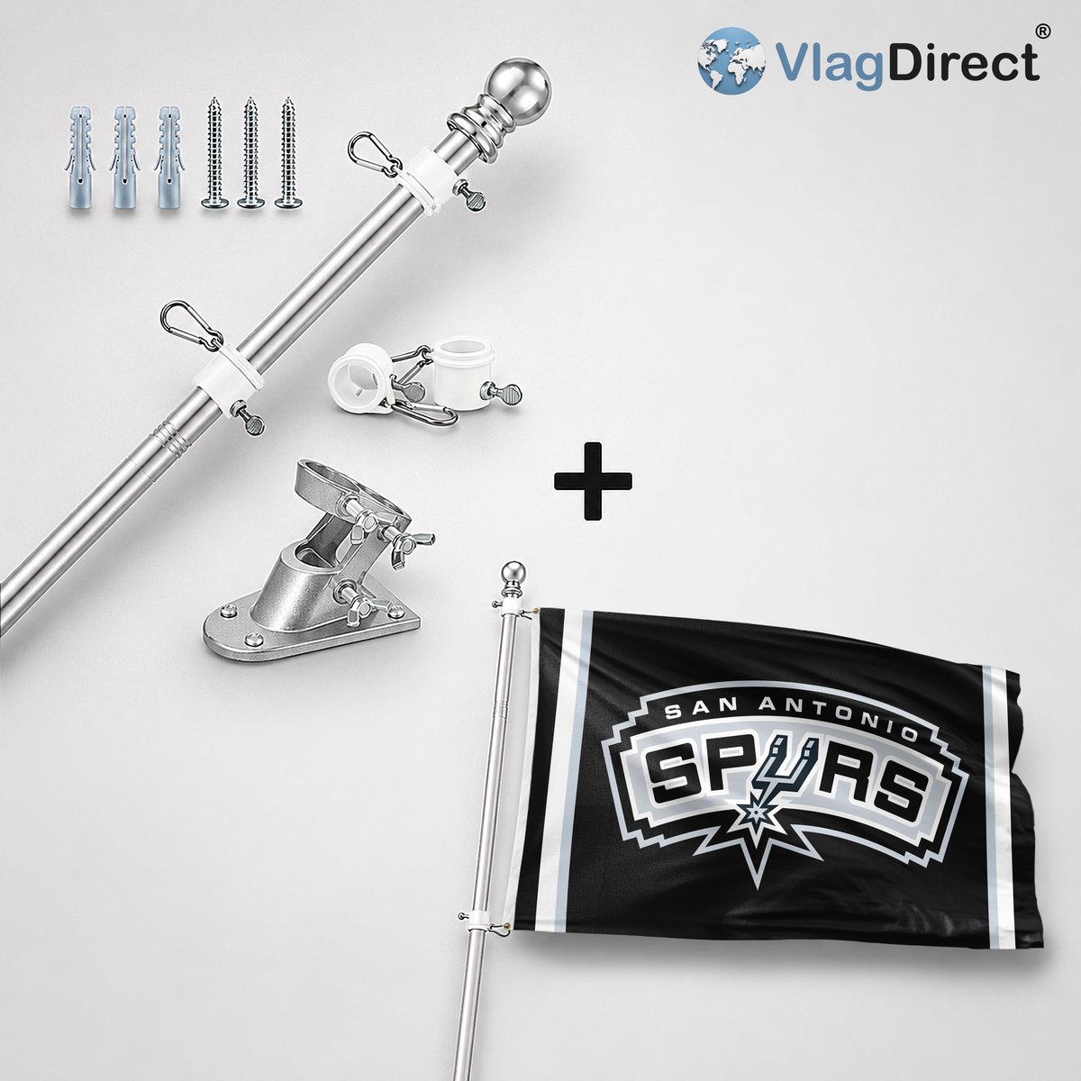 VlagDirect - Compleet vlaggenpakket - Zilveren vlaggenstok inclusief vlaggenstokhouder + San Antonio Spurs vlag - San Antonio Spurs basketbalteam vlag - 90 x 150 cm.