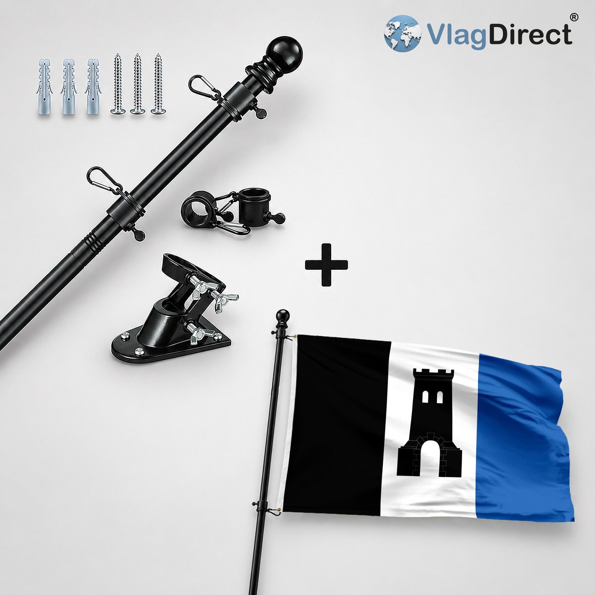 VlagDirect - Compleet vlaggenpakket - Zwarte vlaggenstok inclusief vlaggenstokhouder + Gemeente 's Gravenbrakel vlag - 90 x 150 cm.