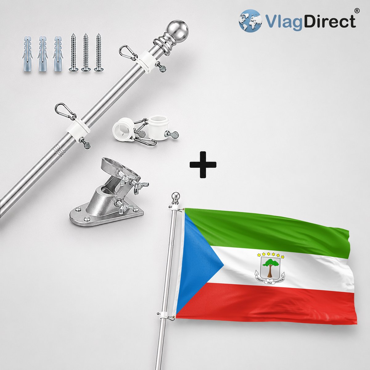 VlagDirect - Compleet vlaggenpakket - Zilveren vlaggenstok inclusief vlaggenstokhouder + Equatoriaal-Guinese vlag - Equatoriaal-Guinea vlag - 90 x 150 cm.