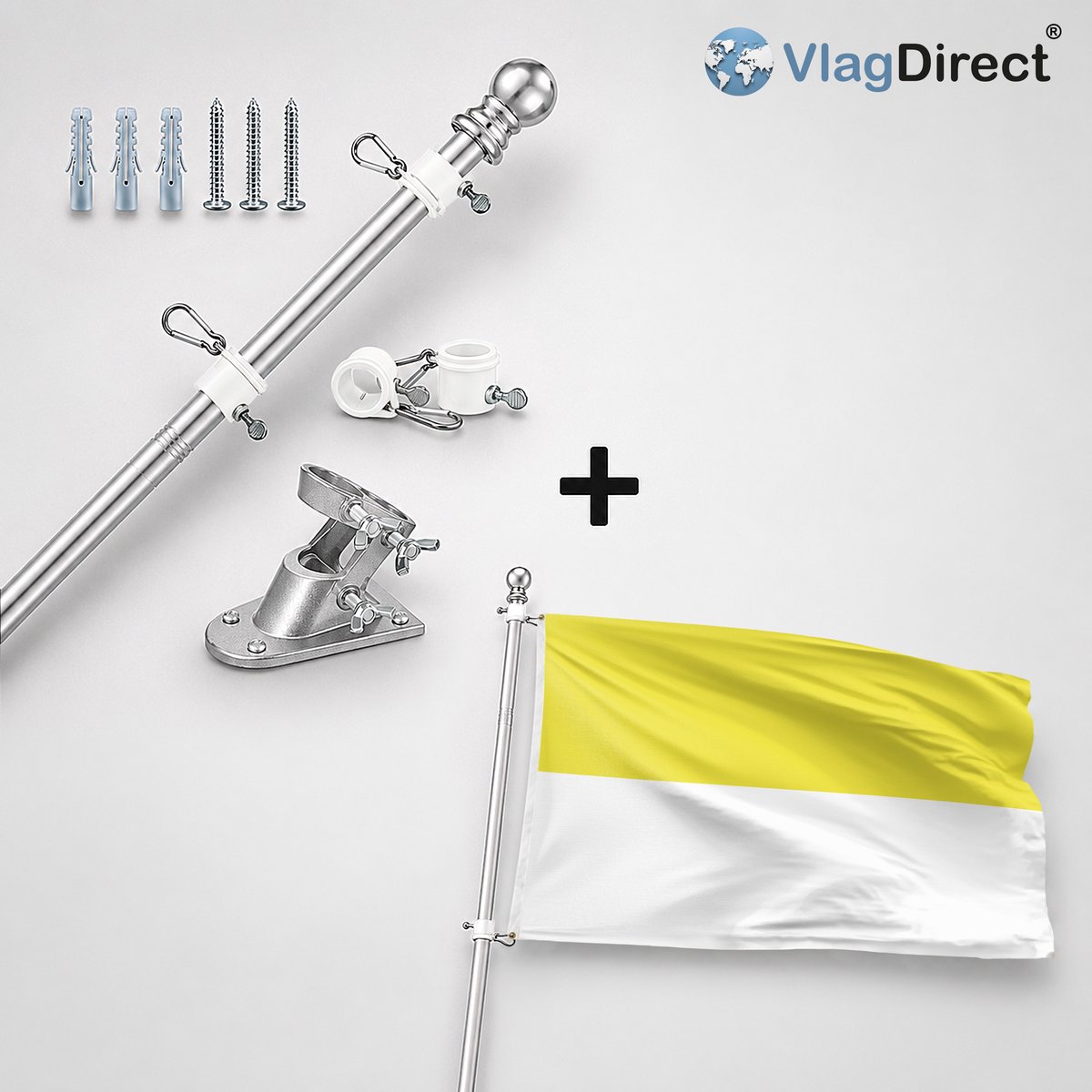 VlagDirect - Compleet vlaggenpakket - Zilveren vlaggenstok inclusief vlaggenstokhouder + Geelse vlag - Gemeente Geel vlag - 90 x 150 cm.