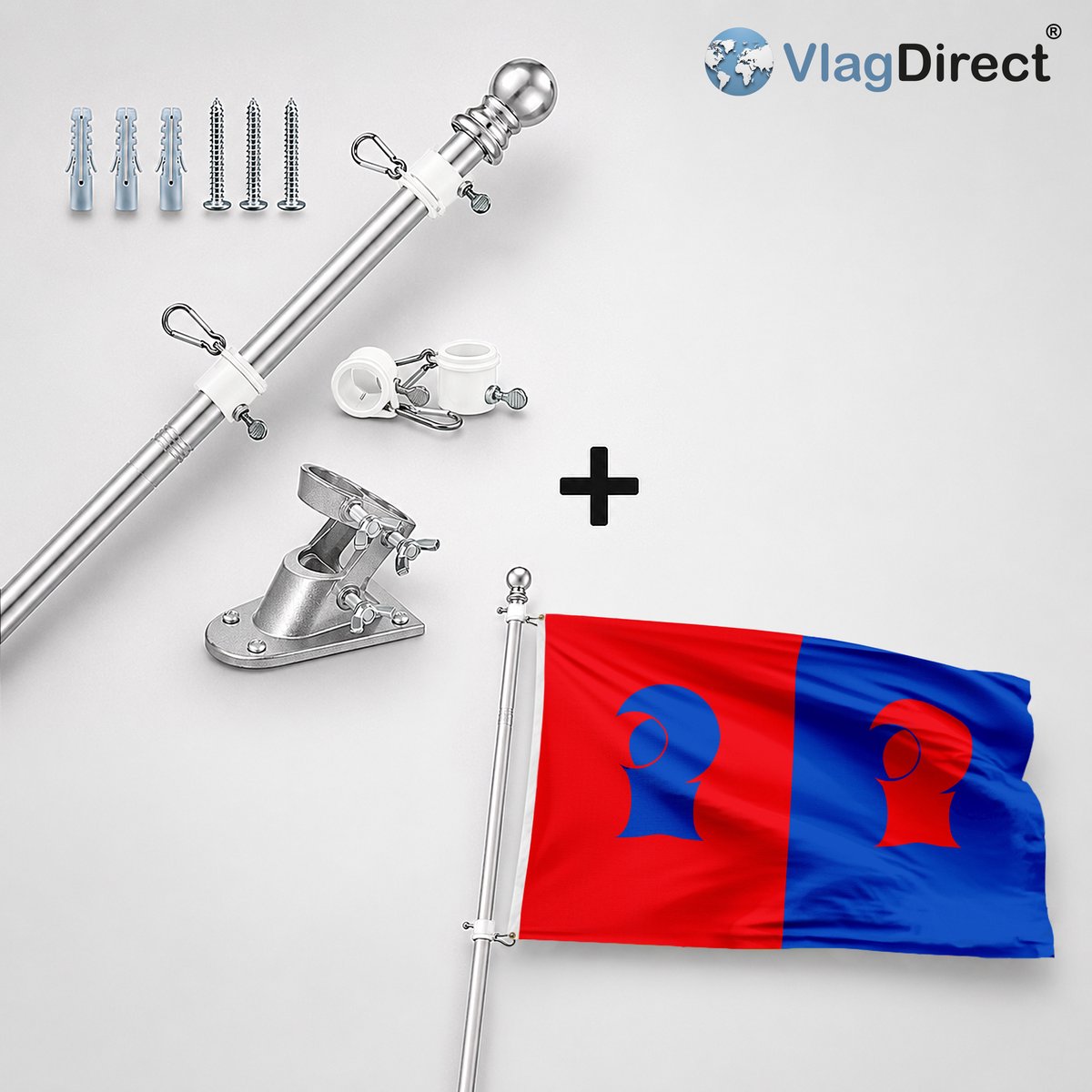VlagDirect - Compleet vlaggenpakket - Zilveren vlaggenstok inclusief vlaggenstokhouder + Kaprijkse vlag - Gemeente Kaprijke vlag - 90 x 150 cm.