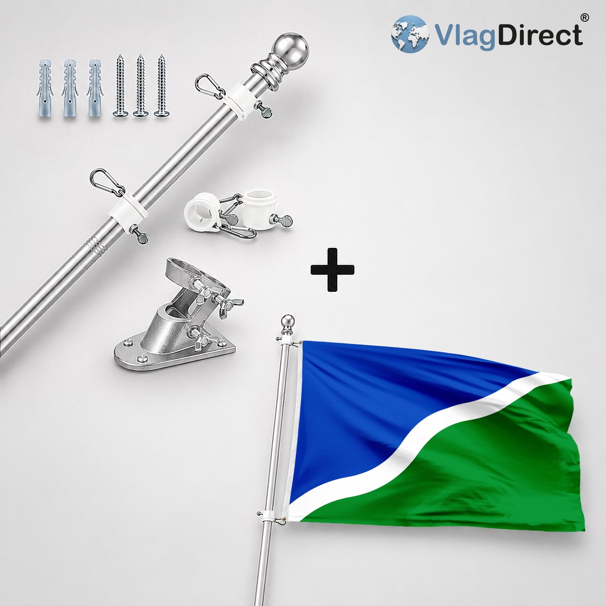 VlagDirect - Compleet vlaggenpakket - Zilveren vlaggenstok inclusief vlaggenstokhouder + Gemeente Lasne vlag - 90 x 150 cm.
