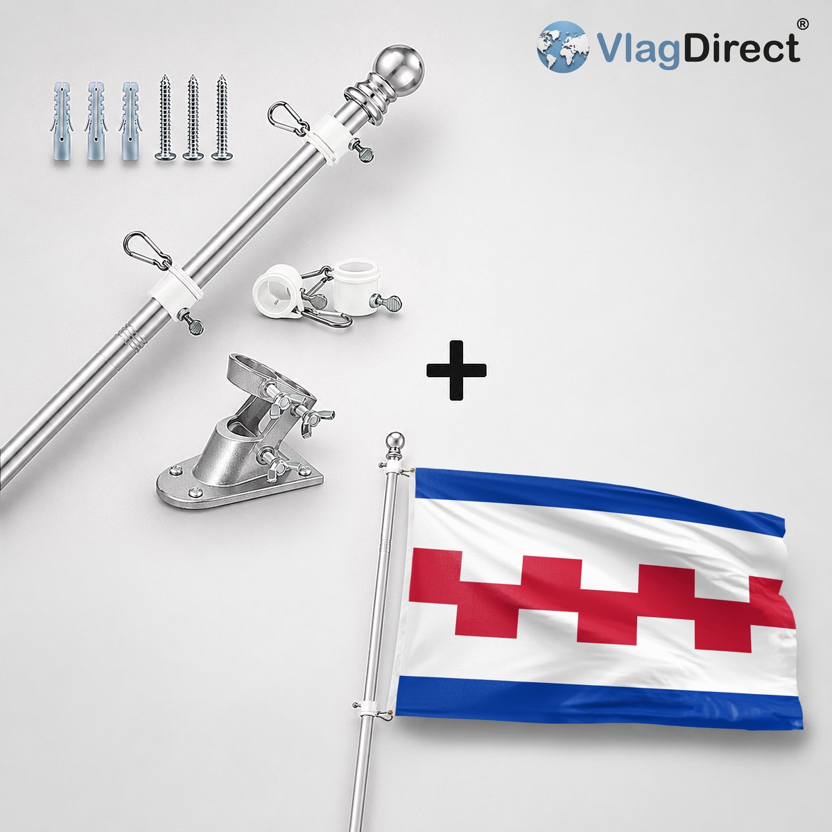 VlagDirect - Compleet vlaggenpakket - Zilveren vlaggenstok inclusief vlaggenstokhouder + Renswoude vlag - Gemeente Renswoude vlag - 90 x 150 cm.