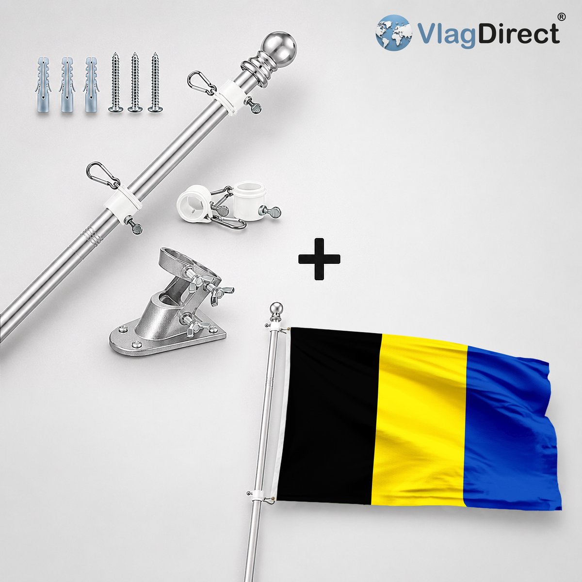 VlagDirect - Compleet vlaggenpakket - Zilveren vlaggenstok inclusief vlaggenstokhouder + Machelse vlag - Gemeente Machelen vlag - 90 x 150 cm.