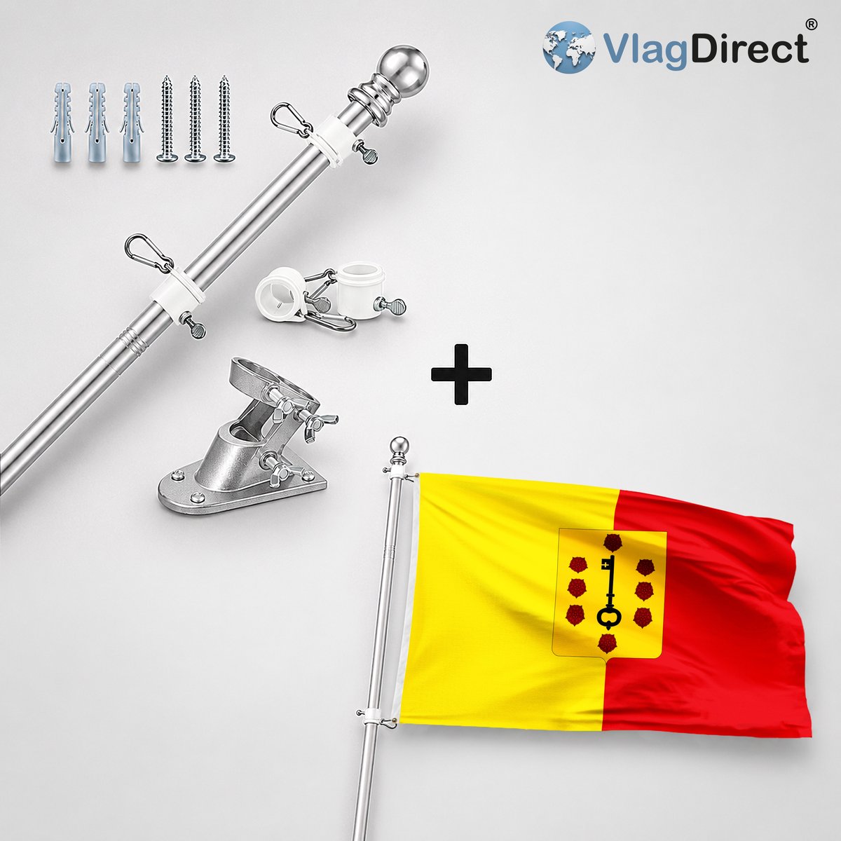 VlagDirect - Compleet vlaggenpakket - Zilveren vlaggenstok inclusief vlaggenstokhouder + Komense vlag - Gemeente Komen-Waasten vlag - 90 x 150 cm.
