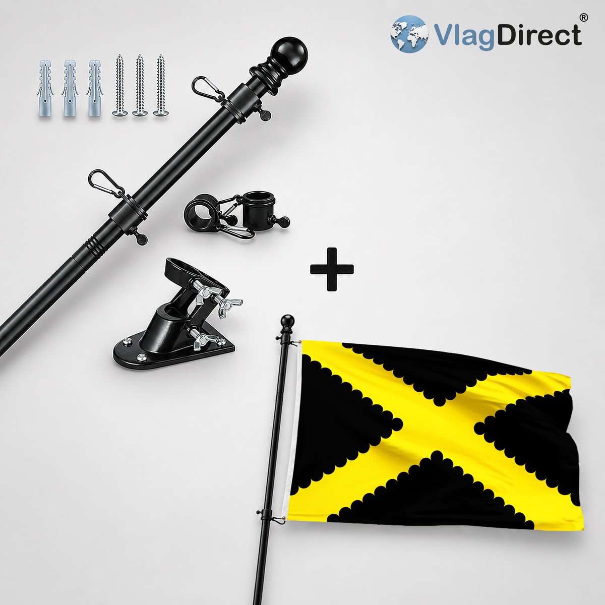 VlagDirect - Compleet vlaggenpakket - Zwarte vlaggenstok inclusief vlaggenstokhouder + Desselse vlag - Gemeente Dessel vlag - 90 x 150 cm.